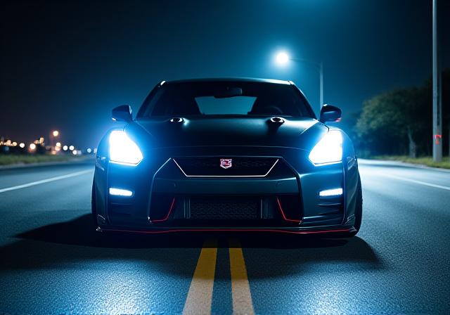 야간에 촬영된 닛산 GT-R
