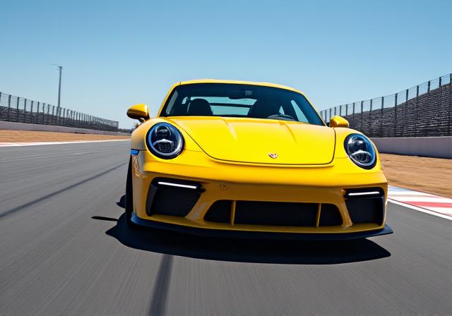 트랙 위에 있는 노란색 Porsche 911 GT3